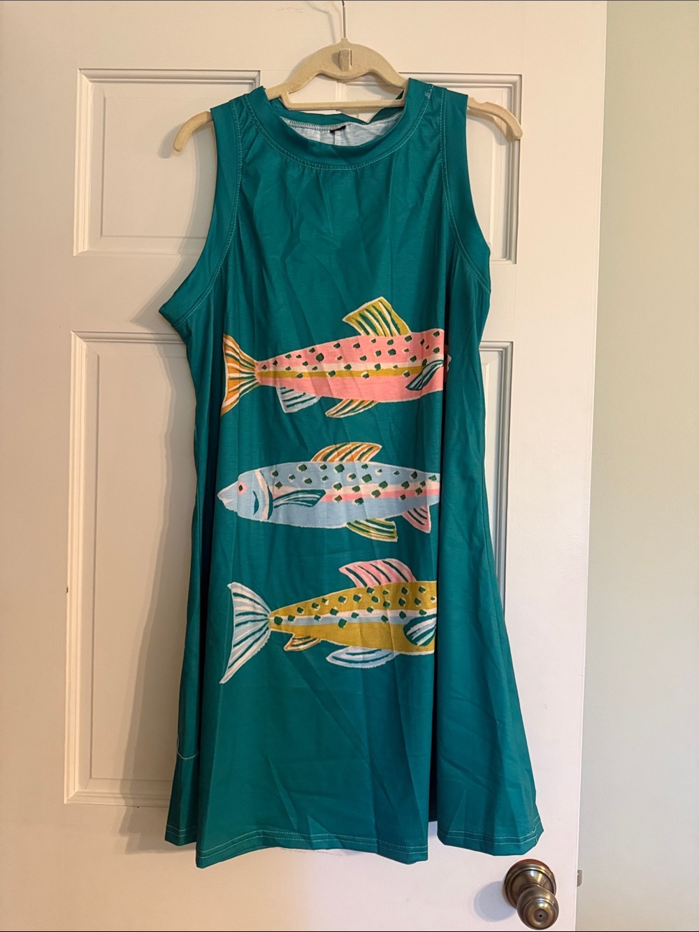 Sleeveless Green Mini Dress with Colorful Fish Print
